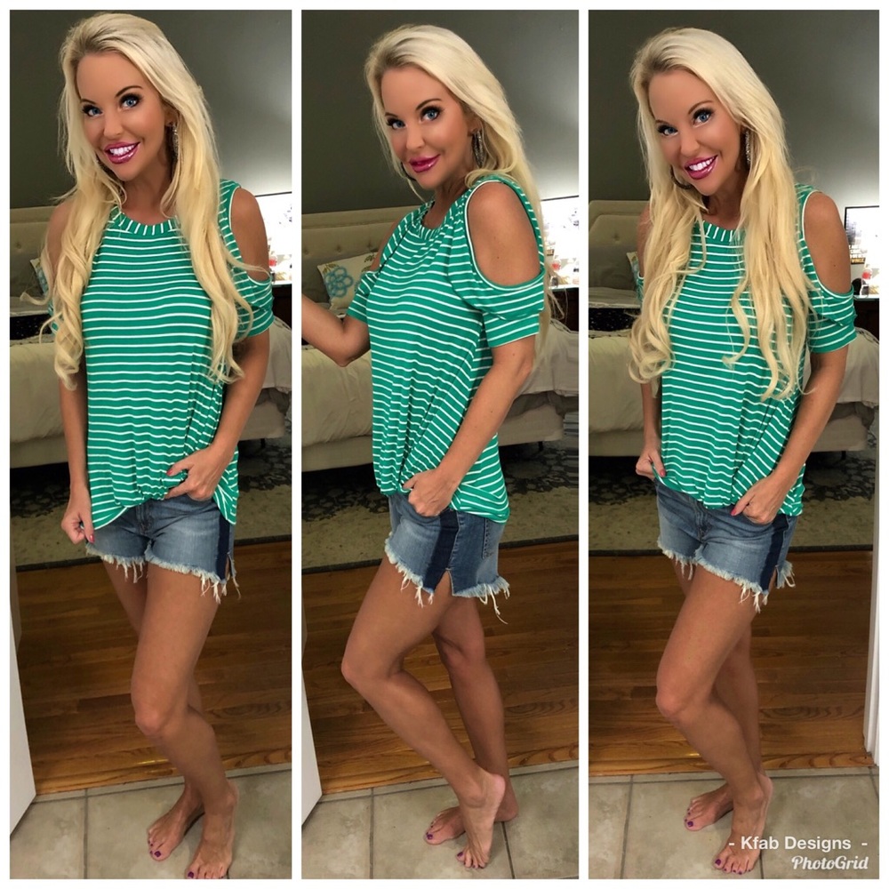 🛍LAST 1! Green Striped Cold Shoulder Top! - Picture 2 of 6